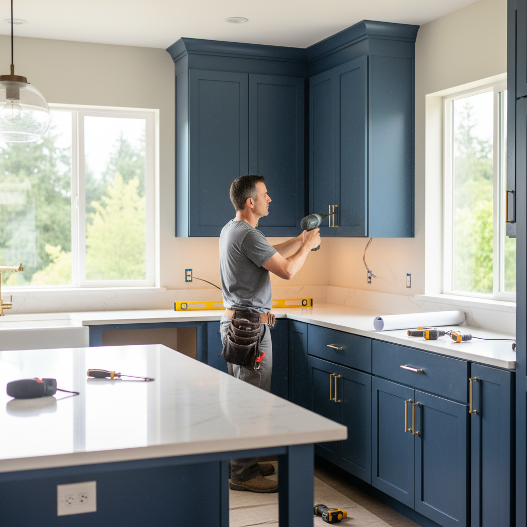 Mitch, a professional handyman, meticulously installing high-end custom kitchen cabinets in a modern home.