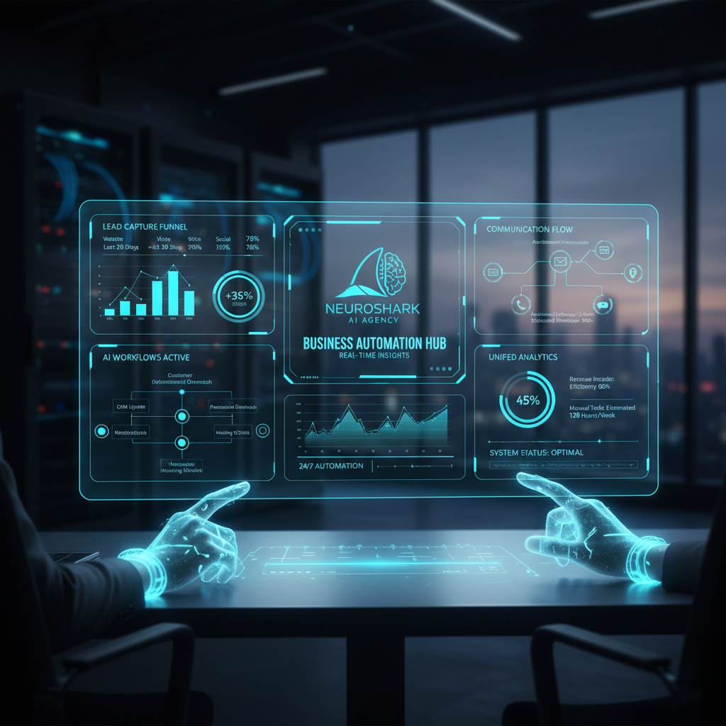 Futuristic digital dashboard glowing cyan showcasing business analytics and AI automation workflows