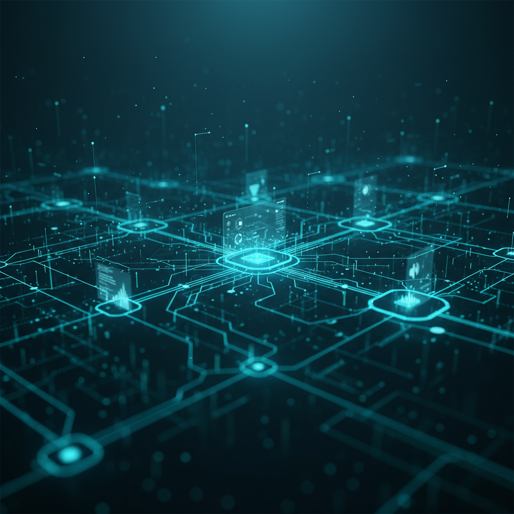 Cinematic glowing cyan AI neural network abstract background showing advanced business automation technology