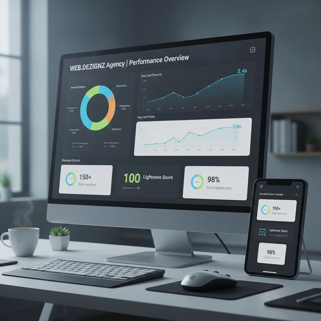Custom coded web application dashboard mockup showing analytics charts, modern UI components, and responsive design built by WEB.DEZIGNZ agency
