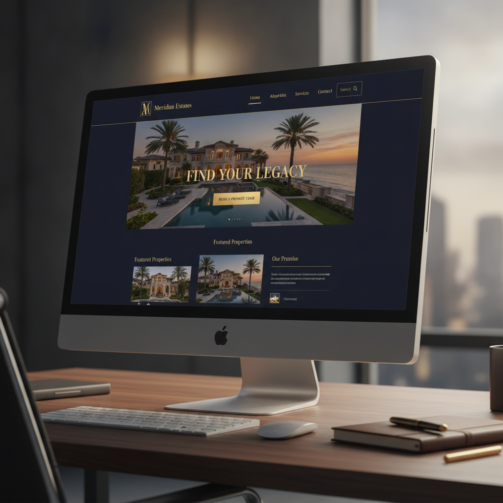 Luxury real estate website homepage with navy and gold design