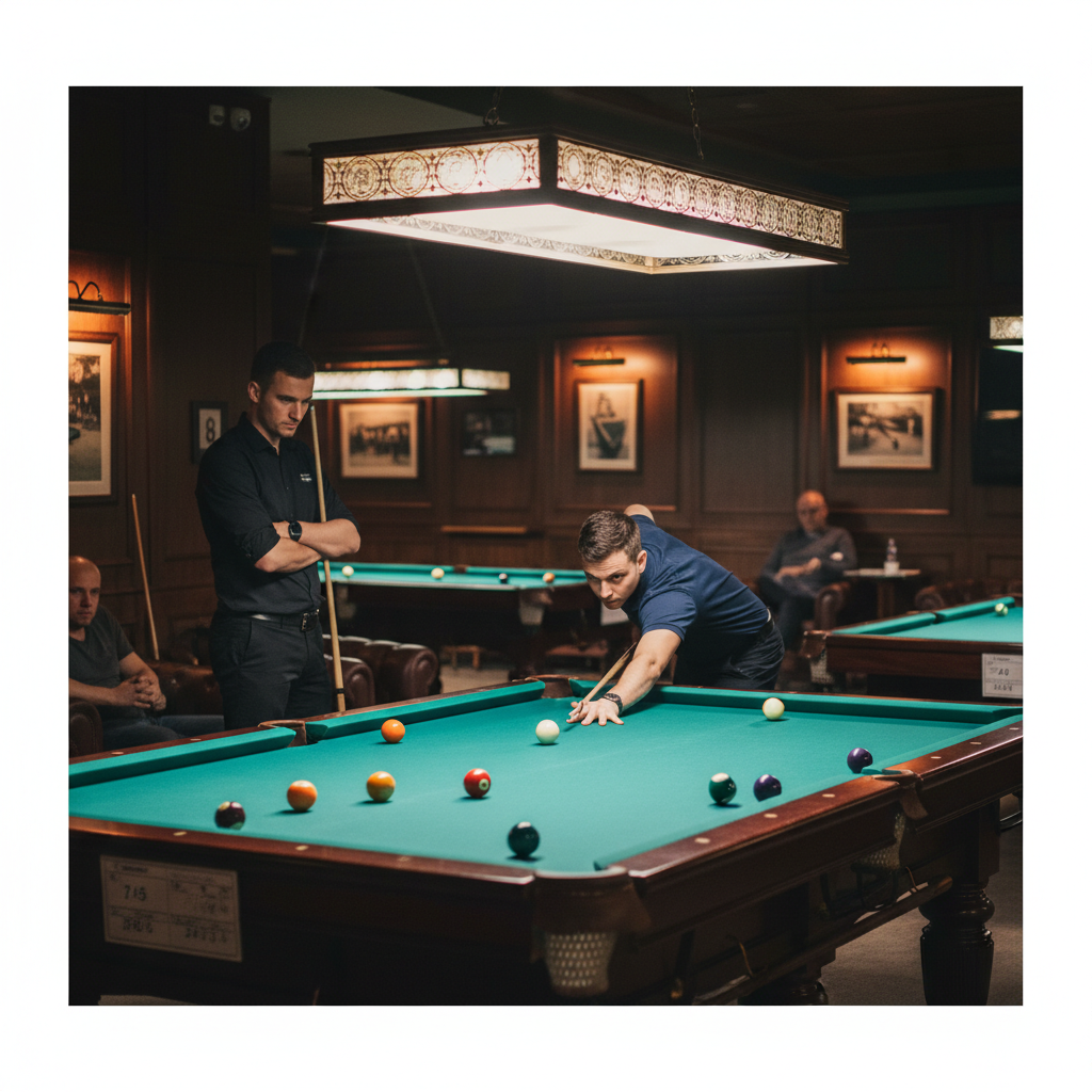 Billiards players competing in a modern, neon-lit pool hall