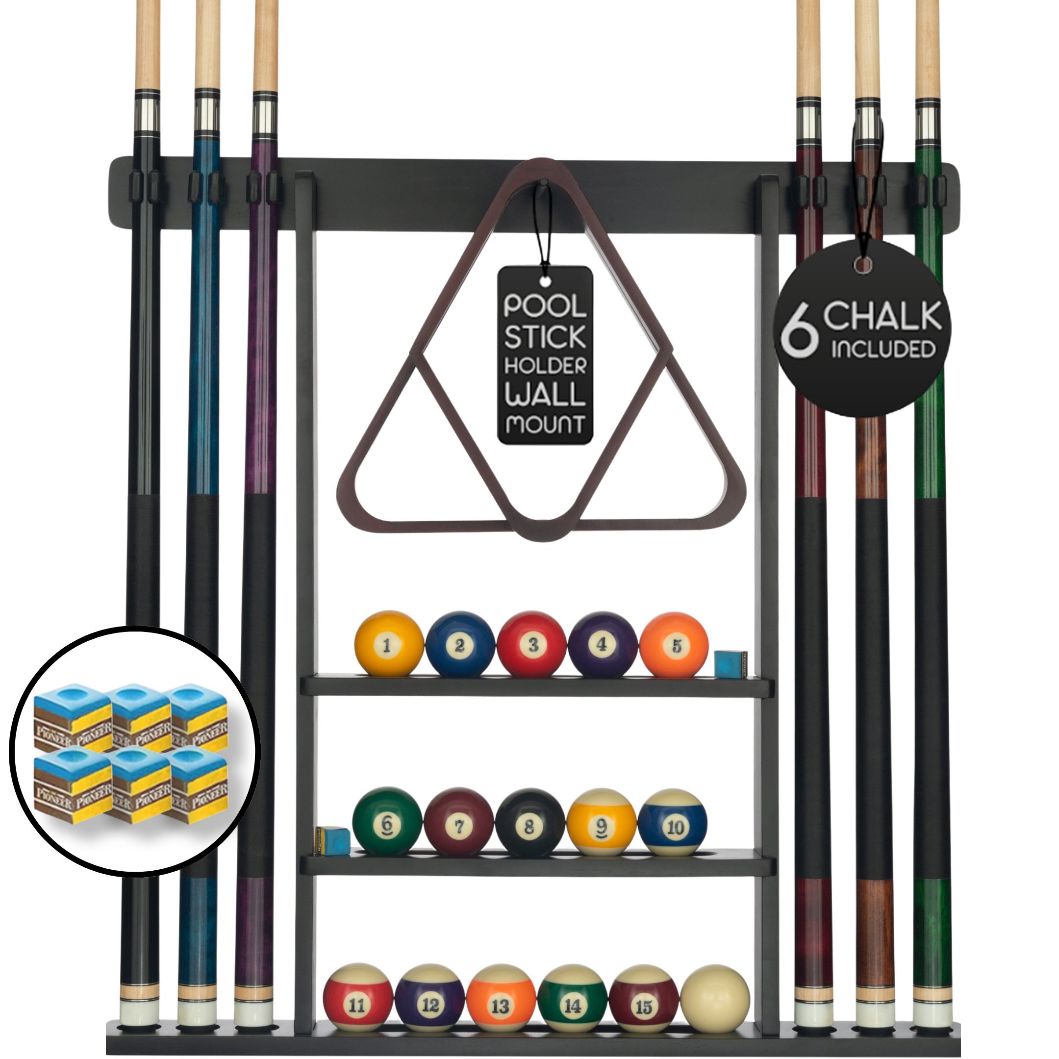 Sleek black and white billiards wall rack holding pool cues