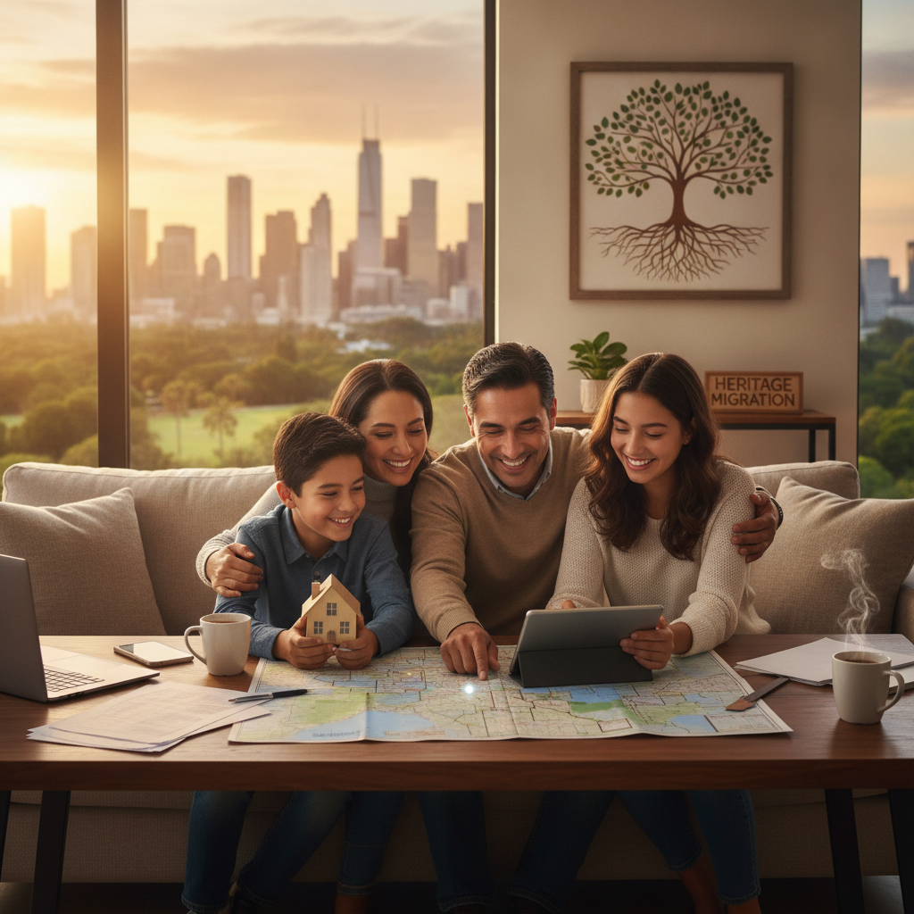Familia feliz planeando su futuro en Estados Unidos