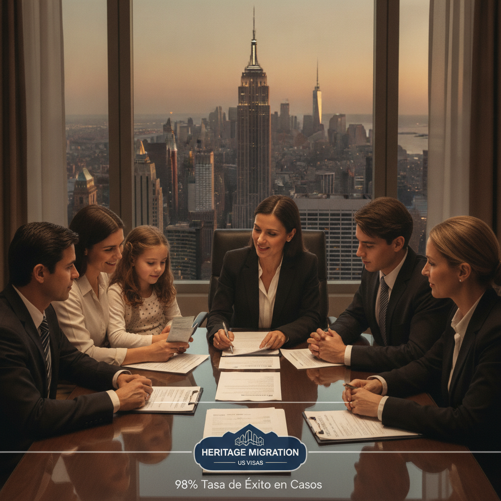 Equipo de profesionales y familia revisando documentos de visa con el skyline de Nueva York al fondo