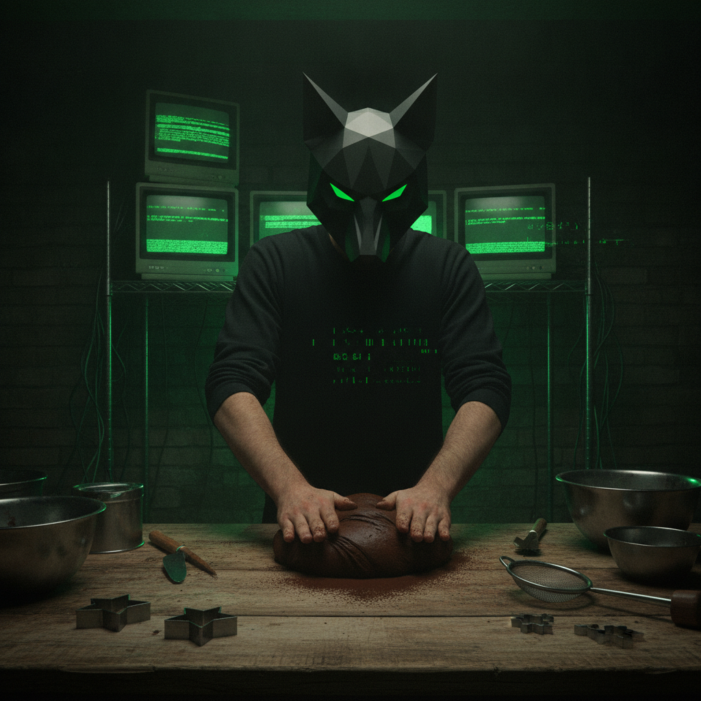 Anonymous masked baker kneading dark chocolate dough in a dimly lit underground kitchen with warm gold glow