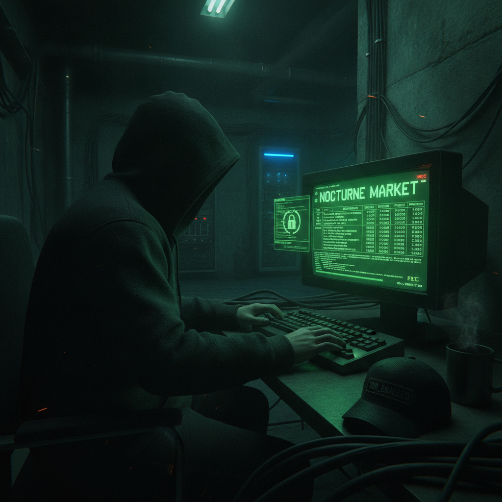 Mysterious dark web marketplace preview showing hooded figure browsing encrypted edible listings on a green terminal screen in a dimly lit underground room