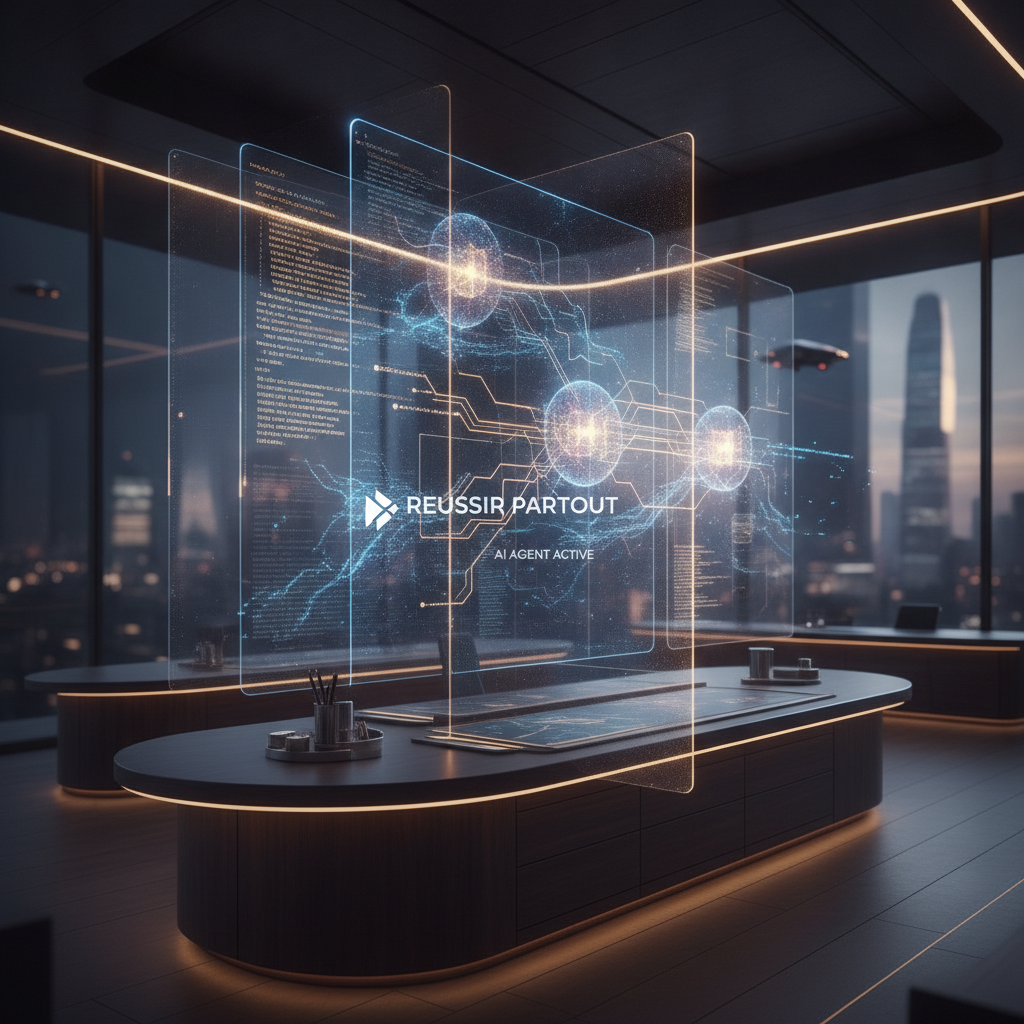 Cinematic luxury visualization of AI agents, full-stack code, and editorial app architecture by Reussir partout
