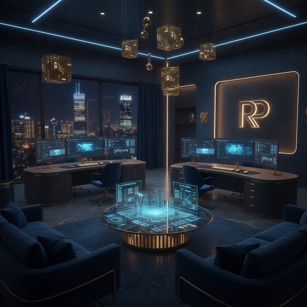 Cinematic luxury midnight blue tech studio with gold accents and editorial workspace