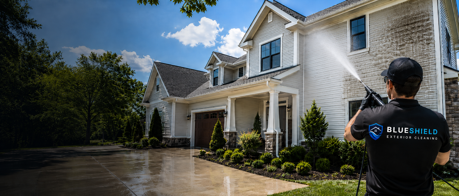 BlueShield Exterior Cleaning technician soft washing house siding in San Antonio