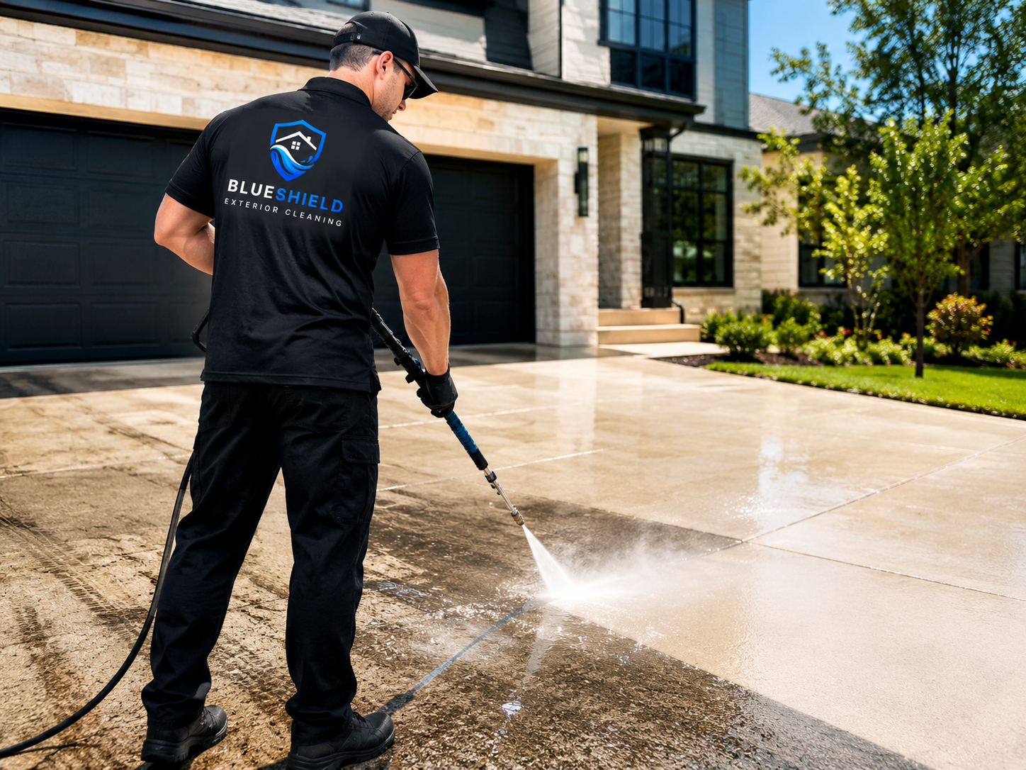 BlueShield driveway pressure washing service removing concrete stains in San Antonio