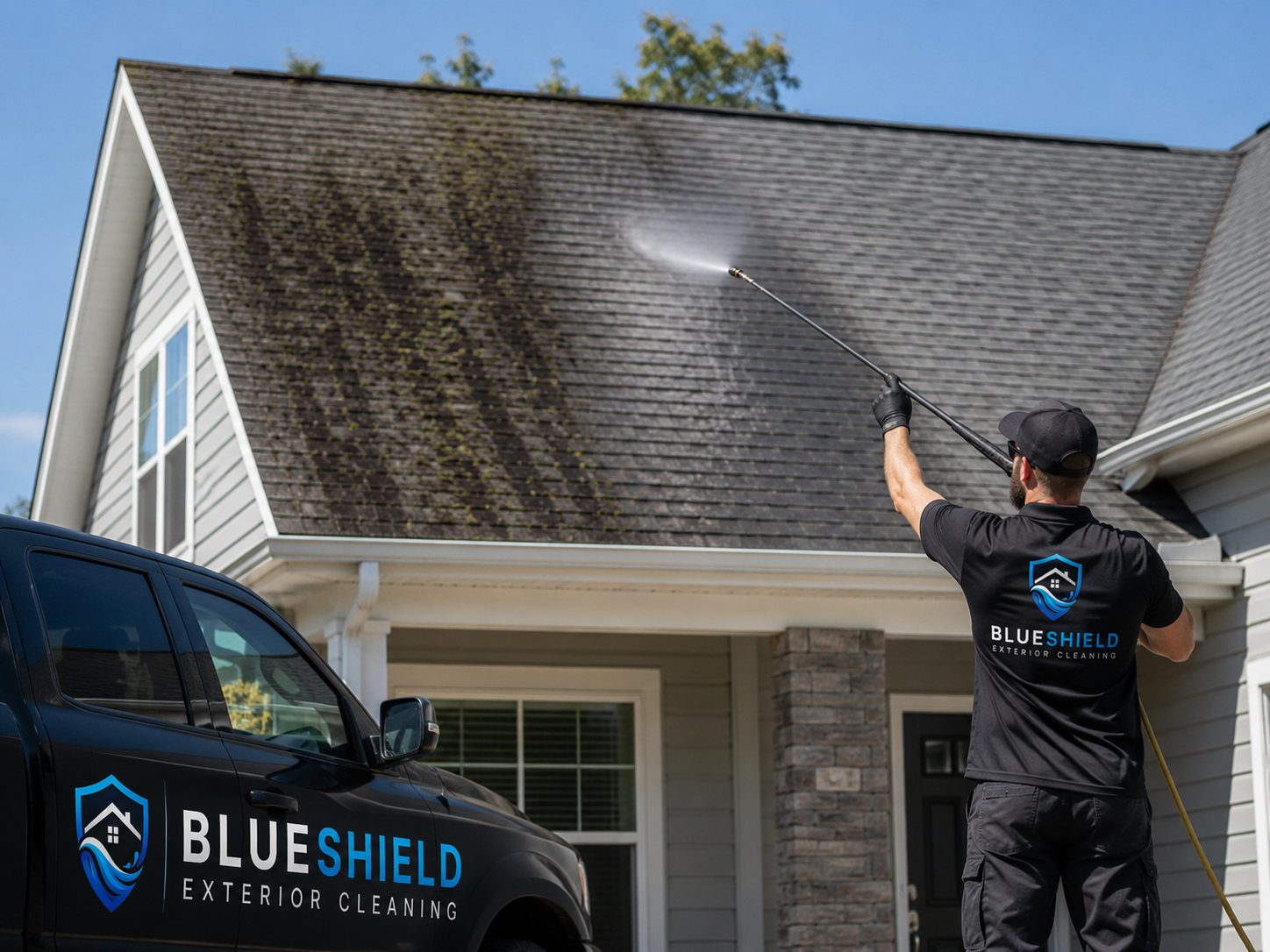 BlueShield roof cleaning service soft washing black streaks and algae