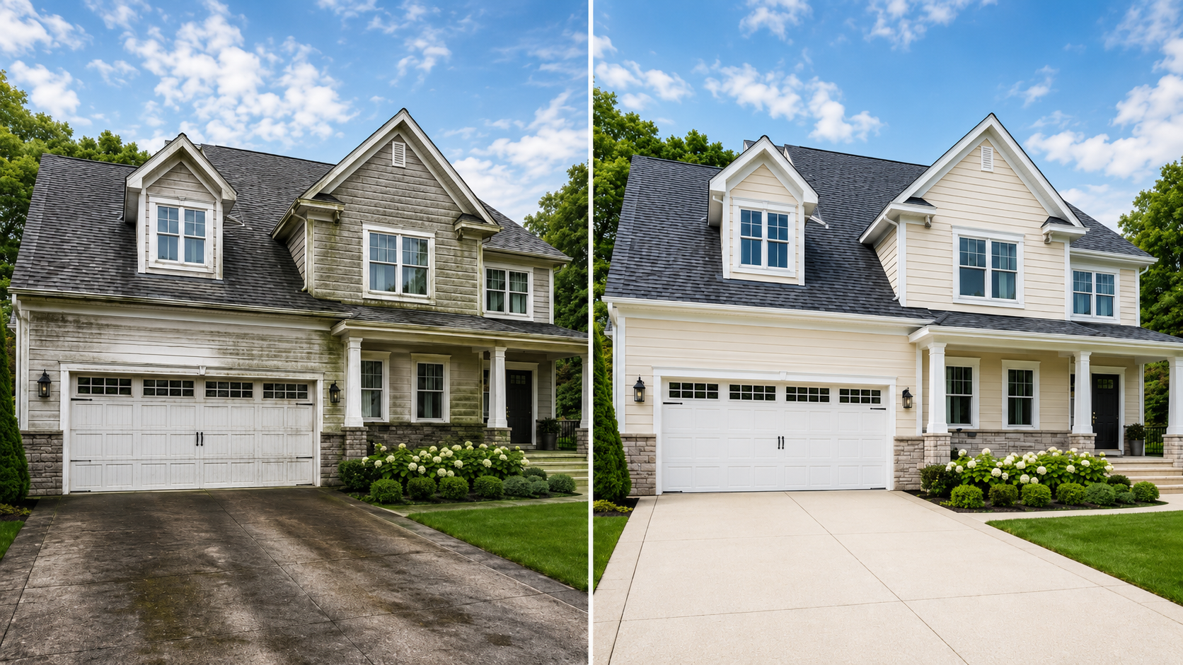 Before and after house washing result showing dirty siding restored by BlueShield Exterior Cleaning