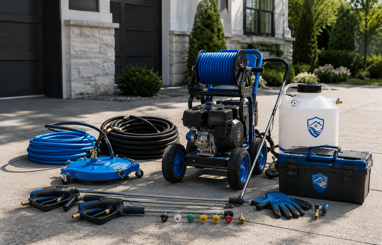 BlueShield professional pressure washing and soft washing equipment arranged on driveway