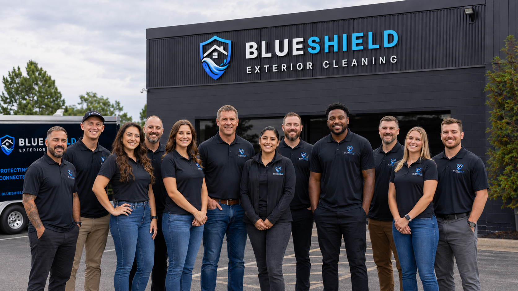 BlueShield Exterior Cleaning crew photo in front of company building