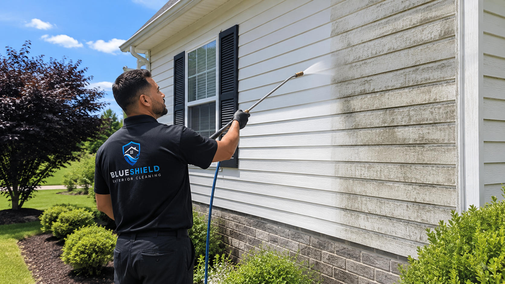 BlueShield technician soft washing house siding in San Antonio