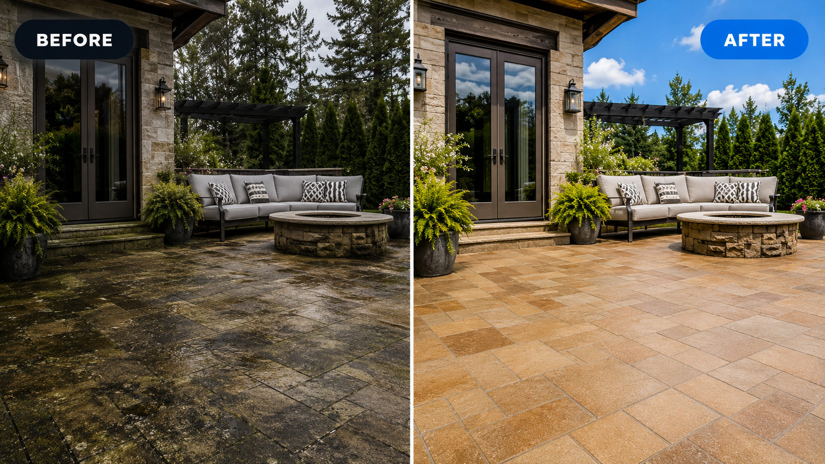 Before and after patio cleaning result showing dirty outdoor pavers restored by BlueShield Exterior Cleaning