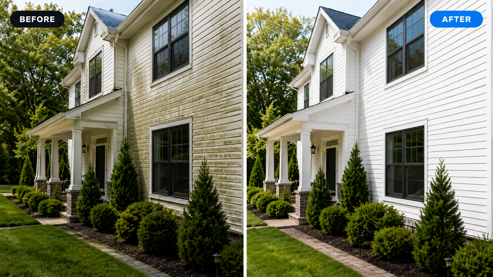 Before and after house siding cleaning result by BlueShield Exterior Cleaning