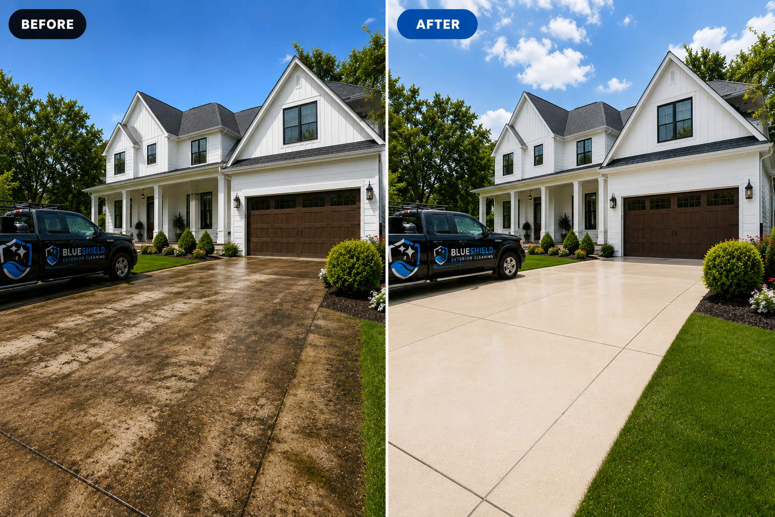 Before and after driveway cleaning result by BlueShield Exterior Cleaning in San Antonio