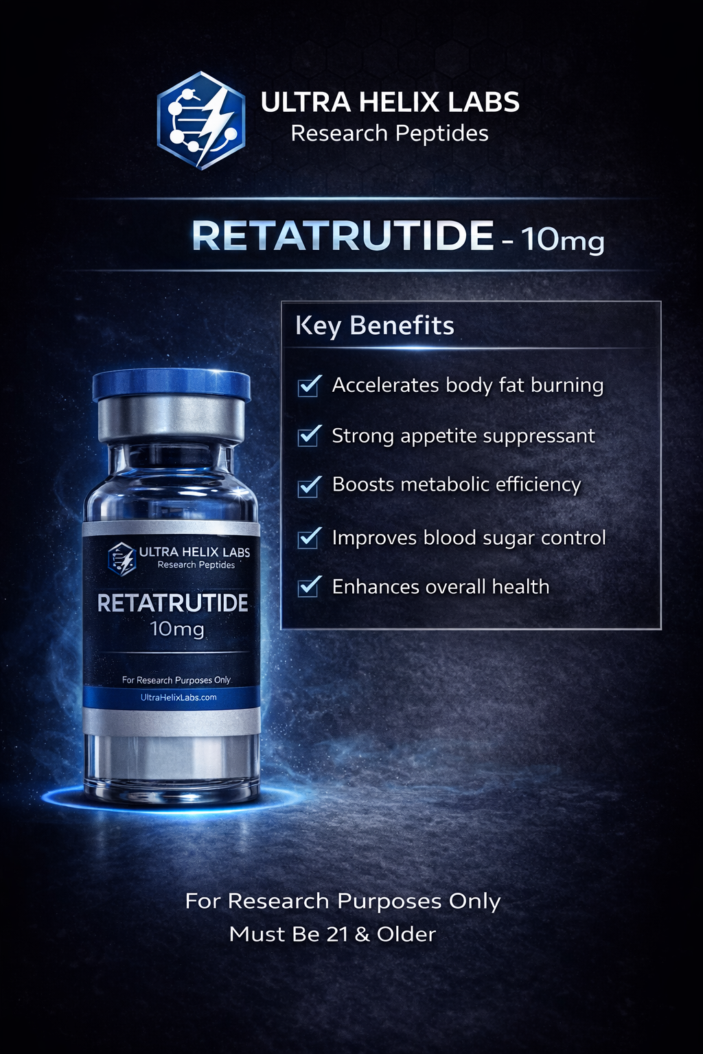 Ultra Helix Labs premium research peptide vials in clinical biotech laboratory setting