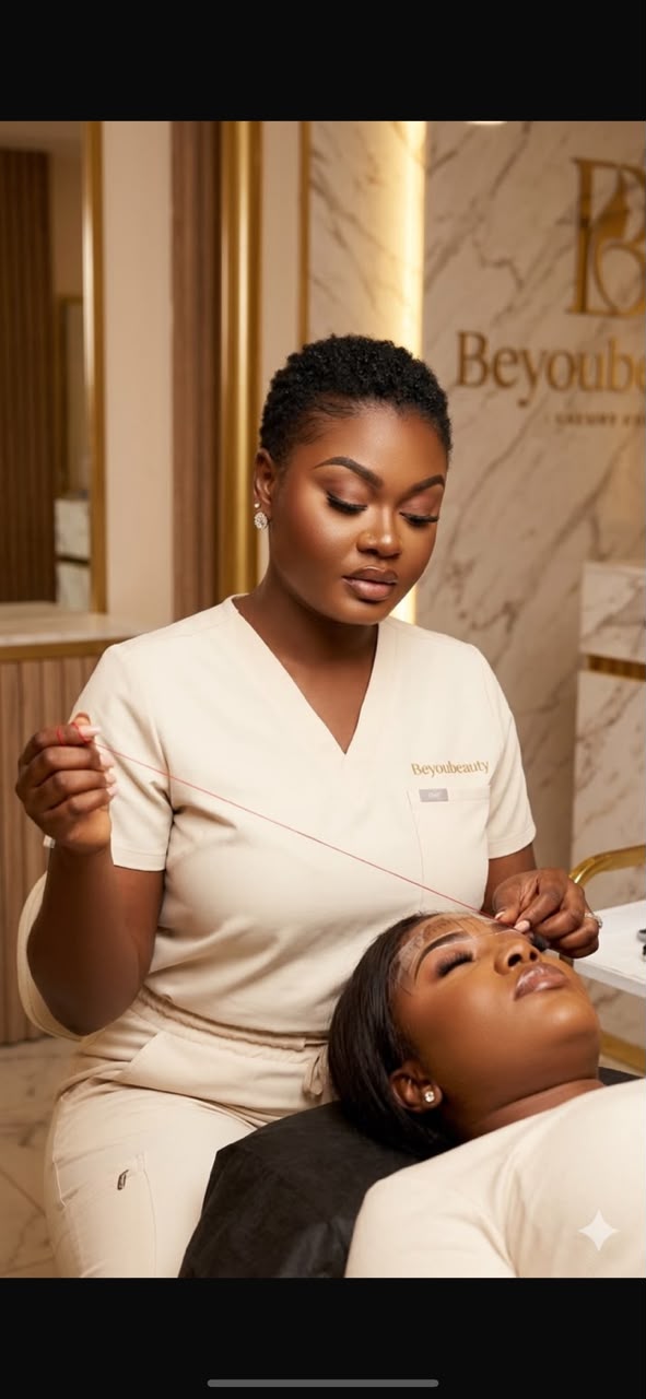 Beautiful elegant woman showcasing flawless semi-permanent brows, luxury lash extensions, and radiant skin at Beyou Beauty & Aesthetic studio in Accra