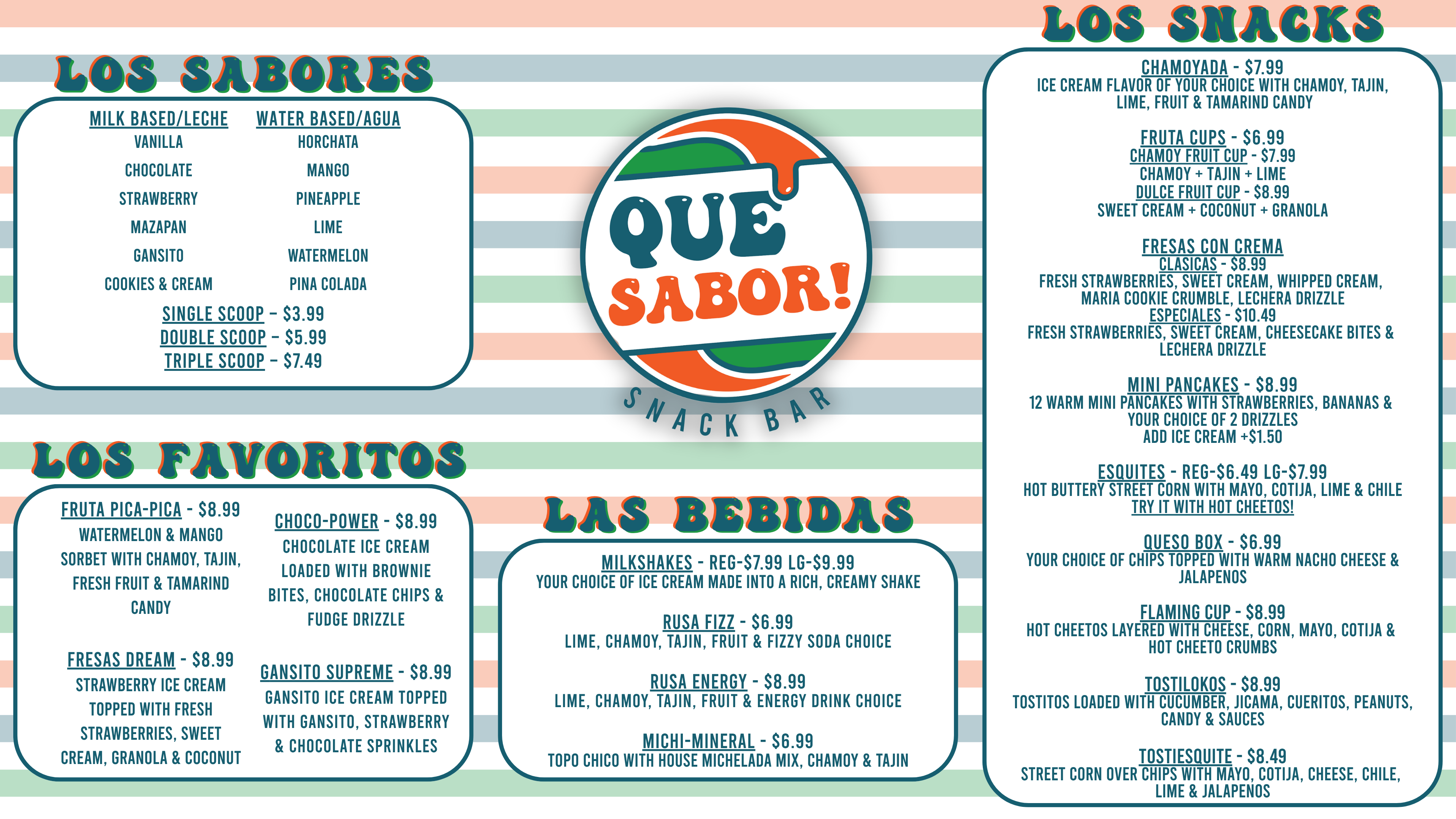 Que Sabor Snack Bar full menu showing chamoyadas, fresas con crema, tostilocos, elotes and prices