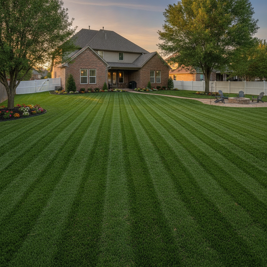 Wide shot of a perfectly manicured, lush green Broken Arrow suburban backyard with clean mowing stripes by Dill's Lawn Care