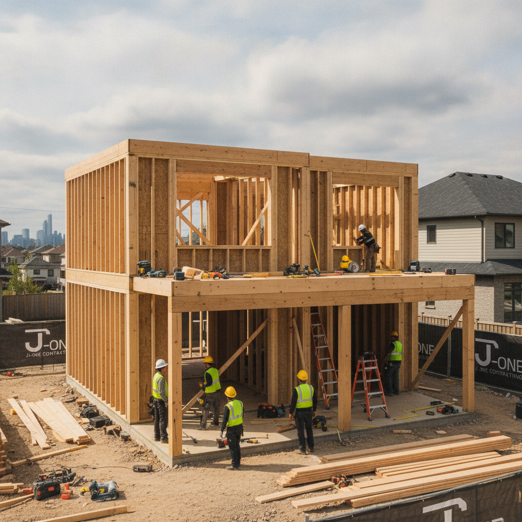 J-One Contracting construction crew framing a modern custom home in Scarborough Ontario with tools and materials on active build site