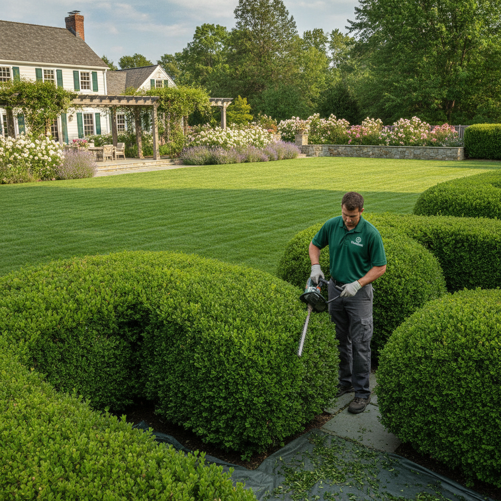 Professional YardMaster landscaper skillfully trimming ornamental hedges in a beautifully manicured backyard garden with lush green grass