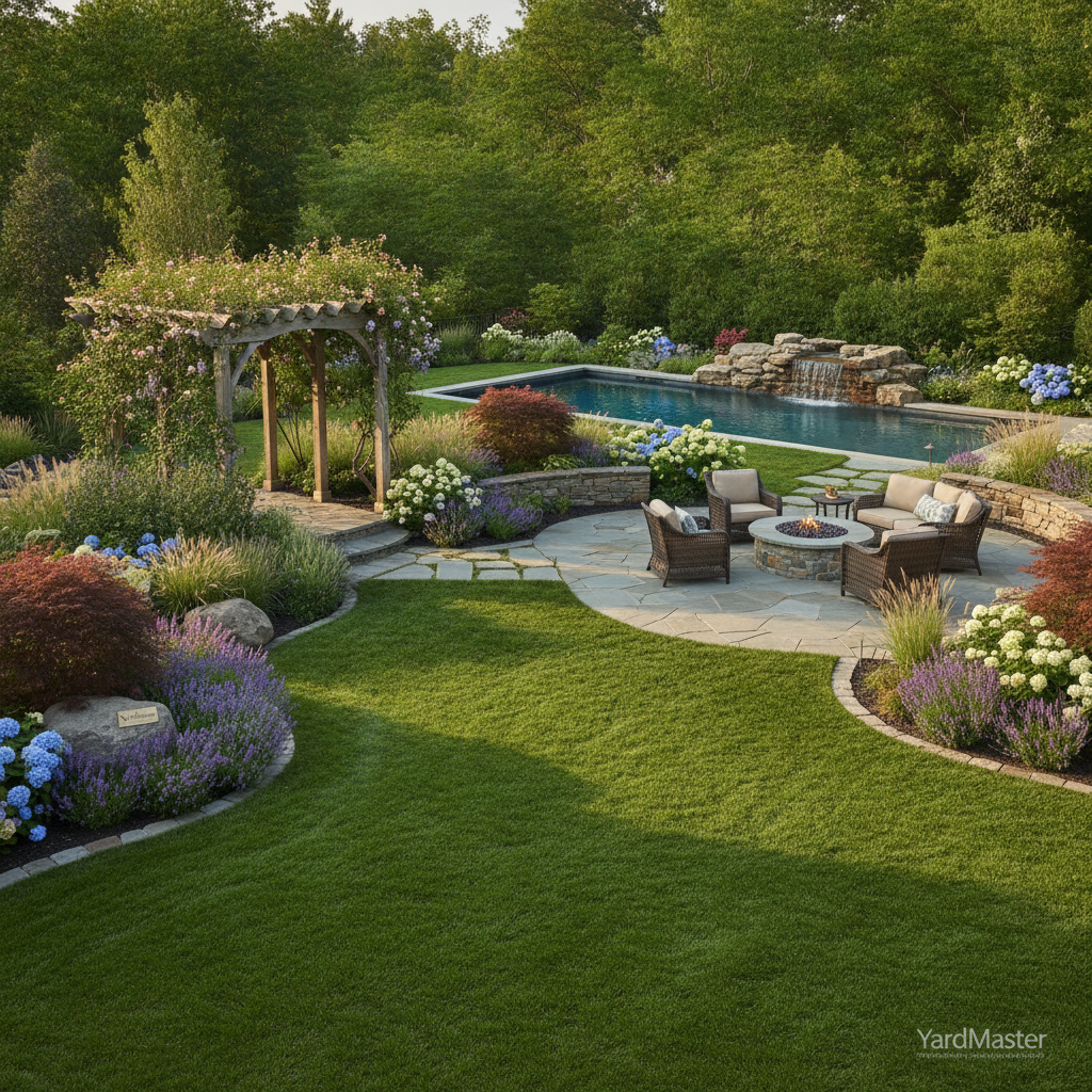 Lush manicured backyard lawn with stone patio, curated garden beds and professionally landscaped outdoor living space by YardMaster
