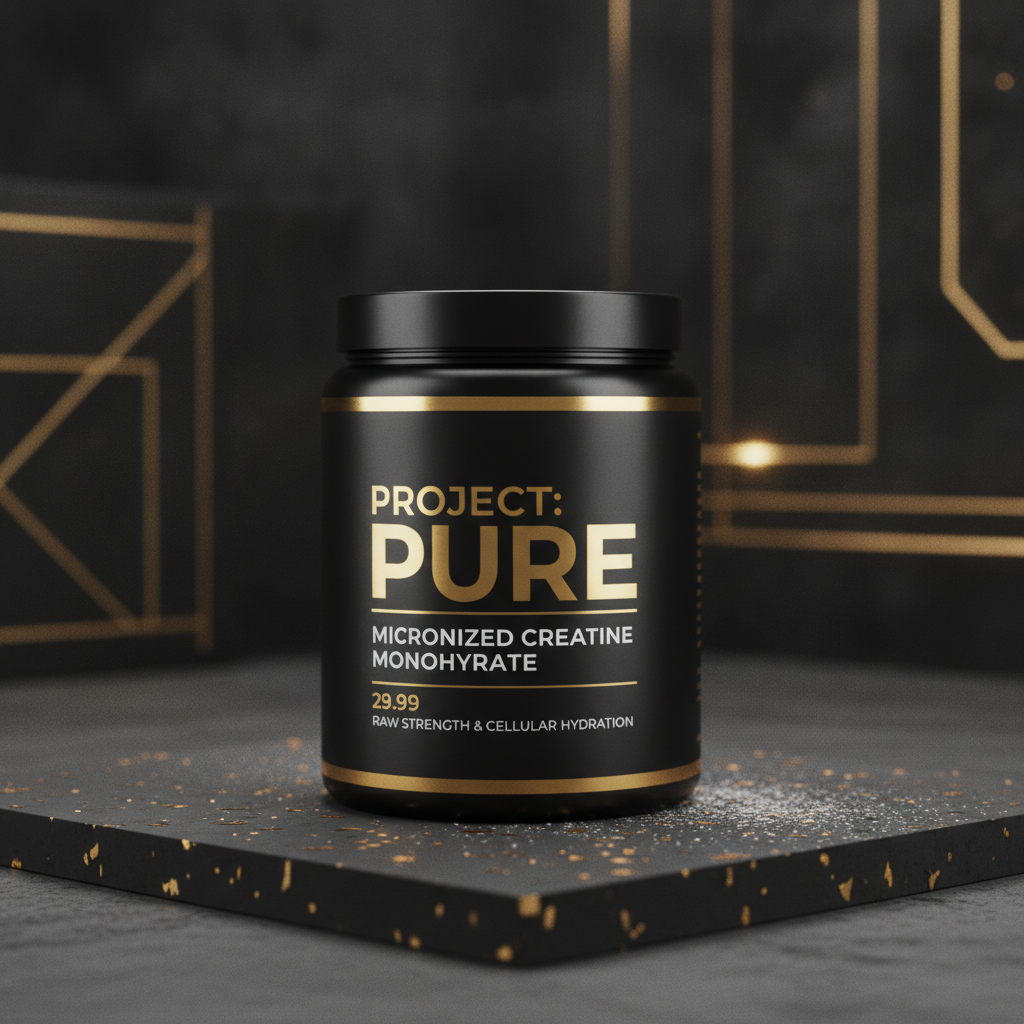 Pure creatine monohydrate supplement container in black and gold