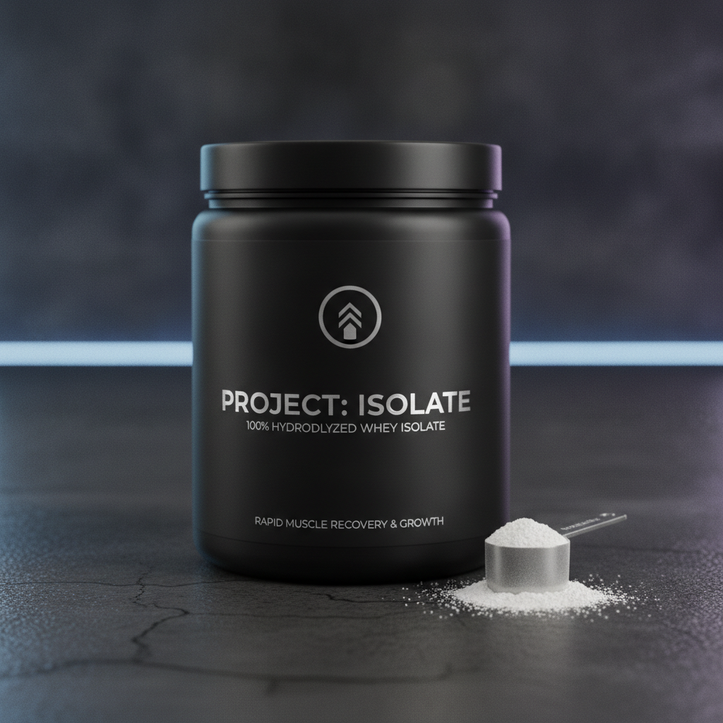 Premium whey protein isolate tub in dark sleek packaging