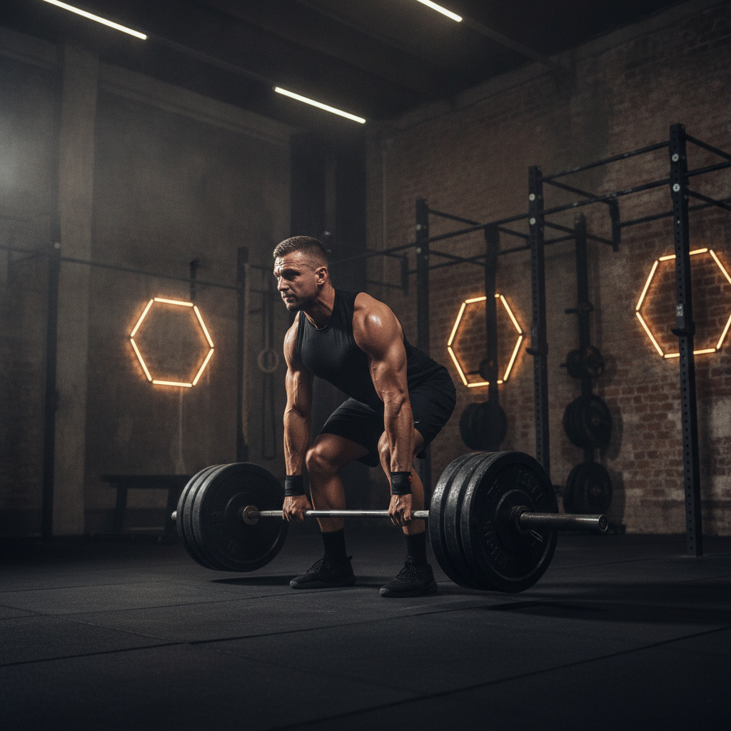 Muscular athlete lifting heavy weights in a dark, gritty, high-performance gym setting