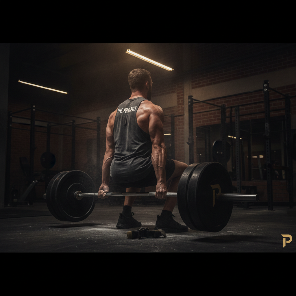Muscular athlete lifting heavy weights in a dark, intense gym setting