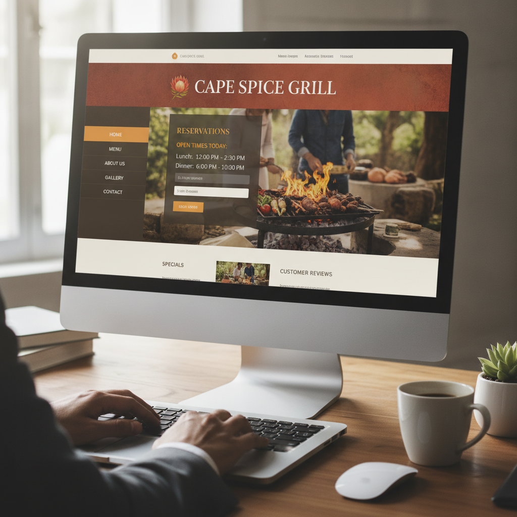 Karoo Kitchen restaurant website featuring warm earth tones, elegant menu showcase and booking system