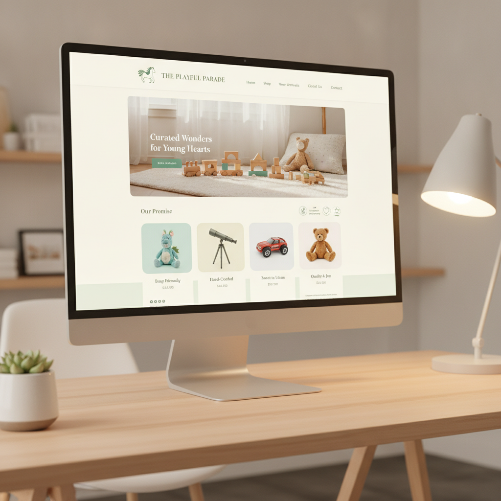 Modern professional web design mockup of a boutique client website displayed on a laptop in a bright Durban design studio with navy and amber accents