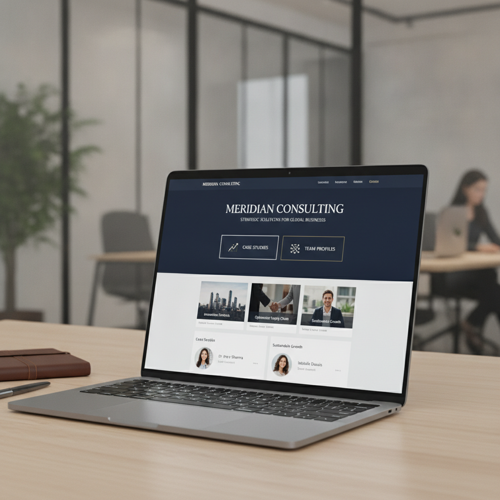 Meridian Consulting corporate website featuring sophisticated navy palette with case studies and team profiles