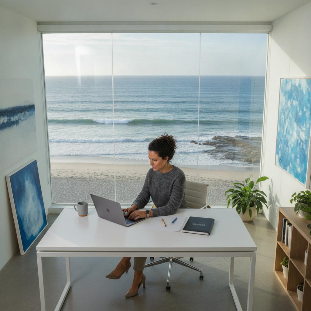 Dala Online founder working on laptop in modern Durban design studio with ocean view