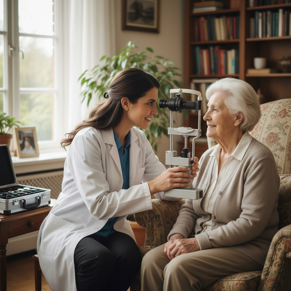 Optometrist examining elderly patient at home