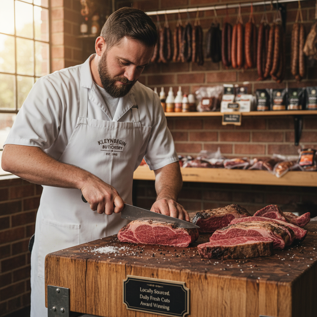 Master butcher preparing premium dry-aged steak cuts on wooden block in artisan butchery