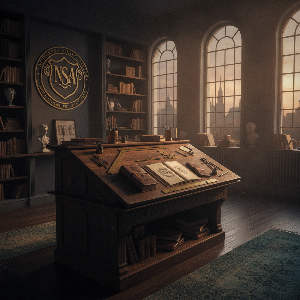 Moody boutique design atelier with vintage drafting table, brass instruments, leather journals, and warm golden light streaming through tall windows