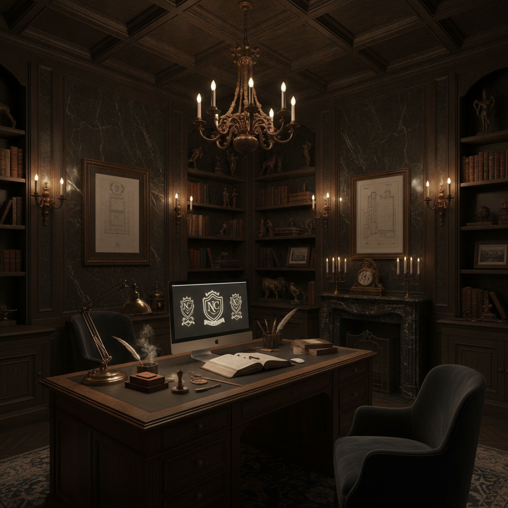 Moody atelier interior with dark marble walls, antique brass fixtures, and warm candlelight — the sanctum where Noircrest crafts its digital crests