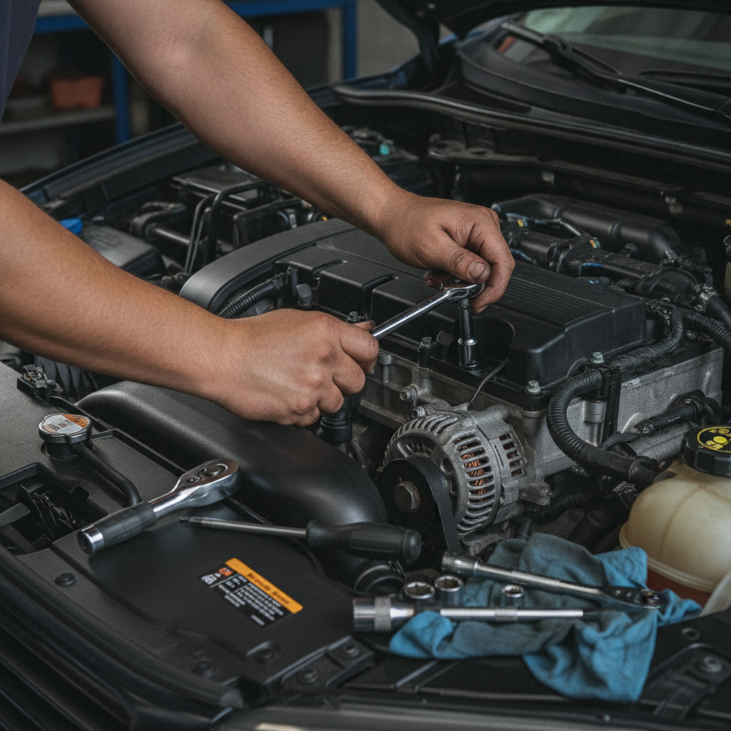 Mobile mechanic in Reno NV repairing a car engine in a customer's driveway