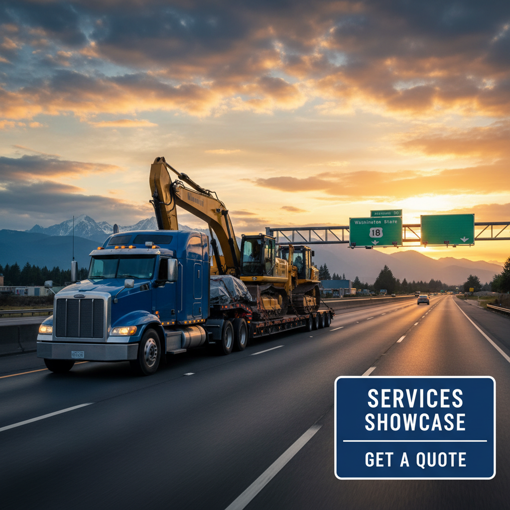 Commercial semi-truck hauling large construction equipment on a Washington highway at dusk