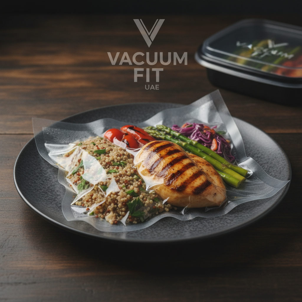 Premium chef-prepared vacuum-sealed healthy meal with grilled chicken, quinoa and fresh vegetables presented on an elegant dark plate