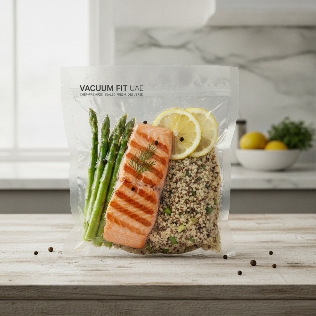 Grilled salmon with quinoa asparagus and lemon in premium vacuum-sealed meal pouch