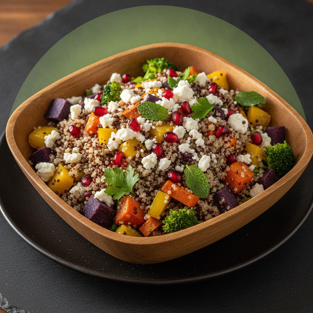 Vibrant quinoa salad bowl with roasted rainbow vegetables feta and pomegranate on dark plate