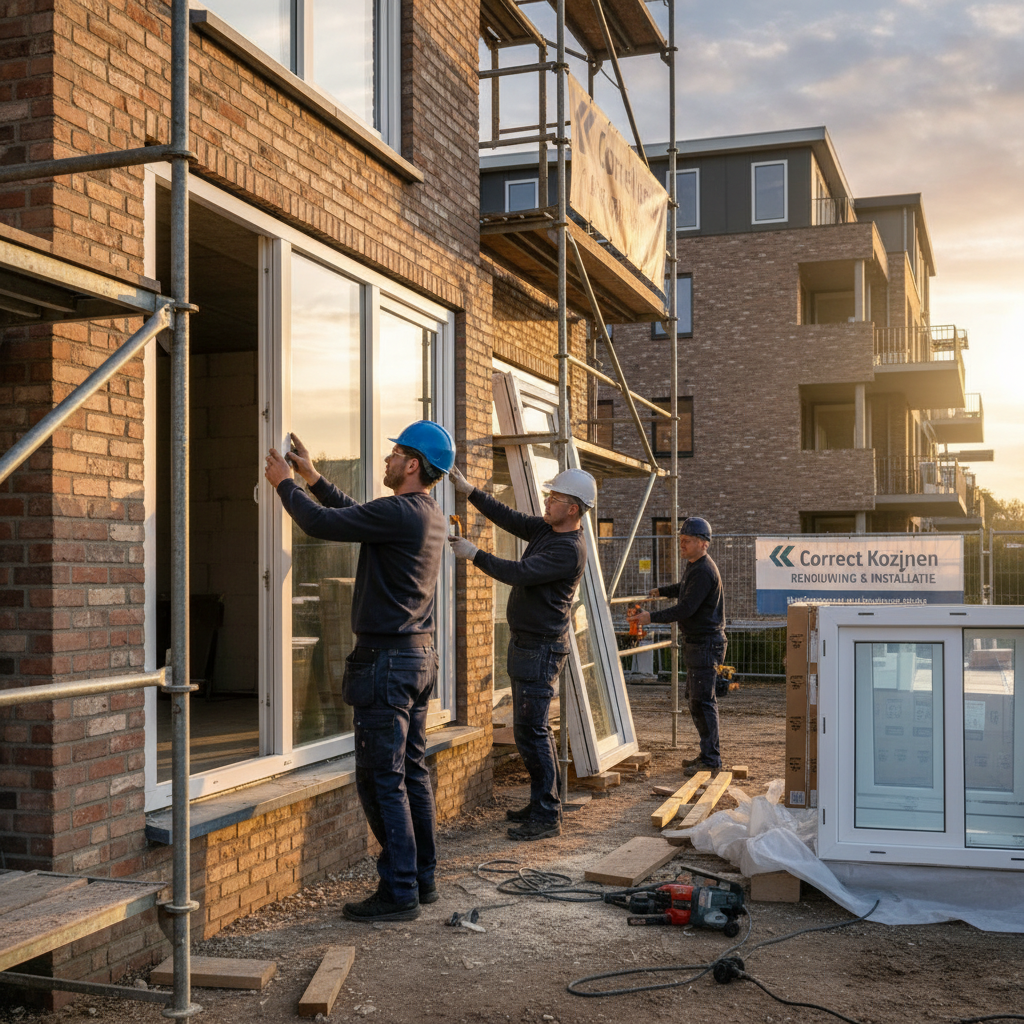 Vakmensen van Correct Kozijnen plaatsen hoogwaardige kunststof kozijnen, ramen en deuren bij een woning in Roermond