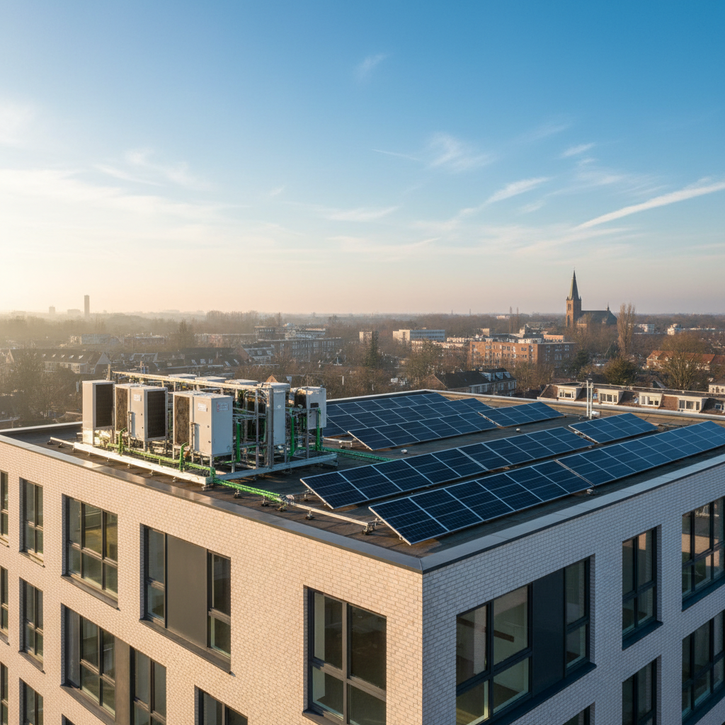 Cascade warmtepompinstallatie en zonnepanelen op het dak van een appartementencomplex