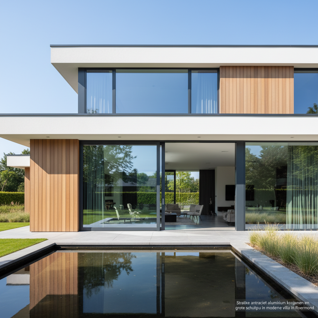Strakke antraciet aluminium kozijnen en grote schuifpui in moderne villa in Roermond